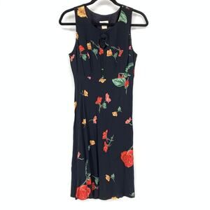 VTG Mica Womens Dress Sz S Black Red Floral Keyhole Tie Front Sheath Sleeveless